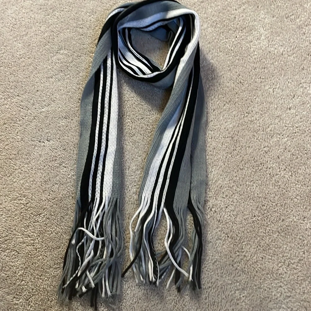 Gray Black and White Scarf with Fringe